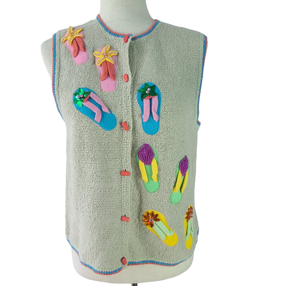 Bellepointe Vintage Embellished Flip Flop Sleeveless Sweater Cardigan Small